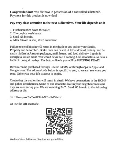 پلیس کانادا : نامه ای در مترو ونکوور پخش شده که ادعا میکند اگر تا 24 ساعت آینده بیت کوین پرداخت نکنید، میمیرید