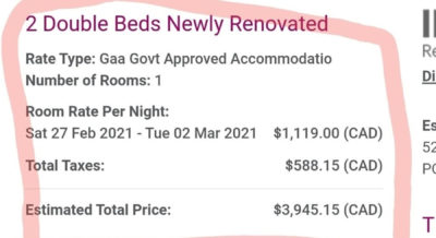 زن انتاریایی پس از بازگشت به کانادا مجبور به پرداخت 3.458 دلار بابت یک شب قرنطینه هتل شد