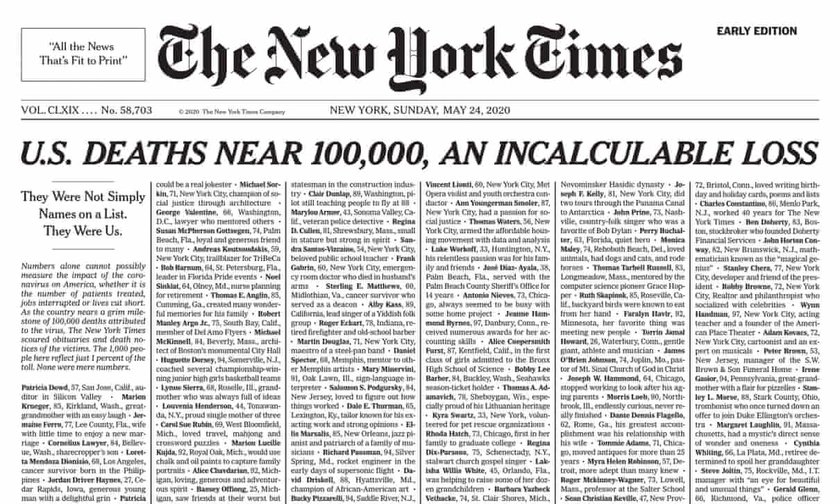 انتشار نام 1000 قربانی کووید19 آمریکایی در صفحه نخست نیویورک تایمز
