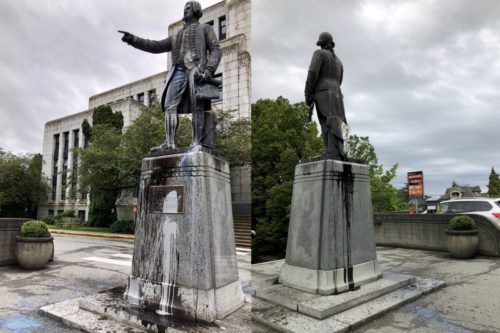 کبک_مونترال : طوماری نویسی مونترالی ها برای پایین کشیدن مجسمه A. Macdonald اولین نخست وزیر کانادا