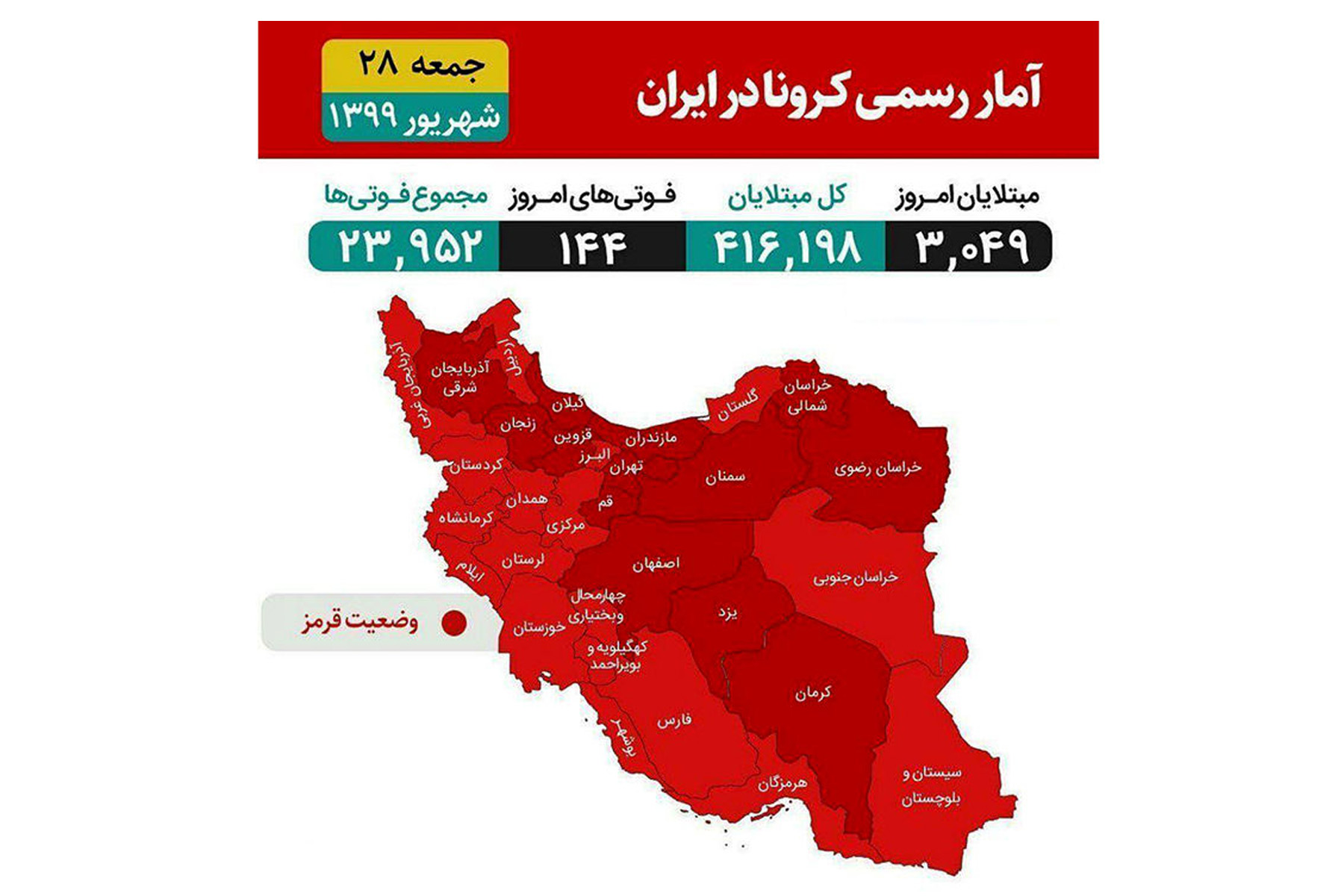 ایران در وضعیت قرمز : سراسر استان های کشور کرونایی شدند