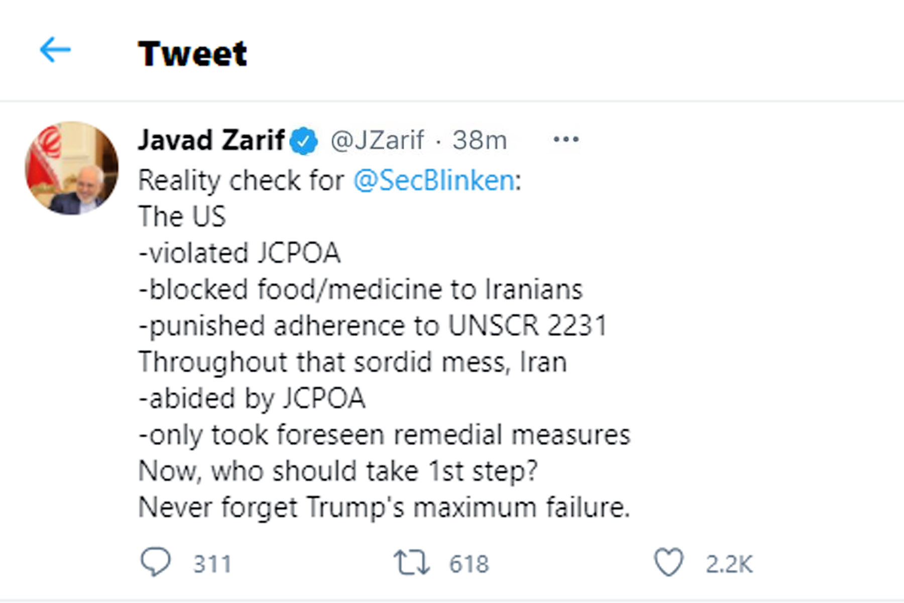 واکنش ظریف به اظهارات بلینکن وزیر امور خارجه ایالات متحده