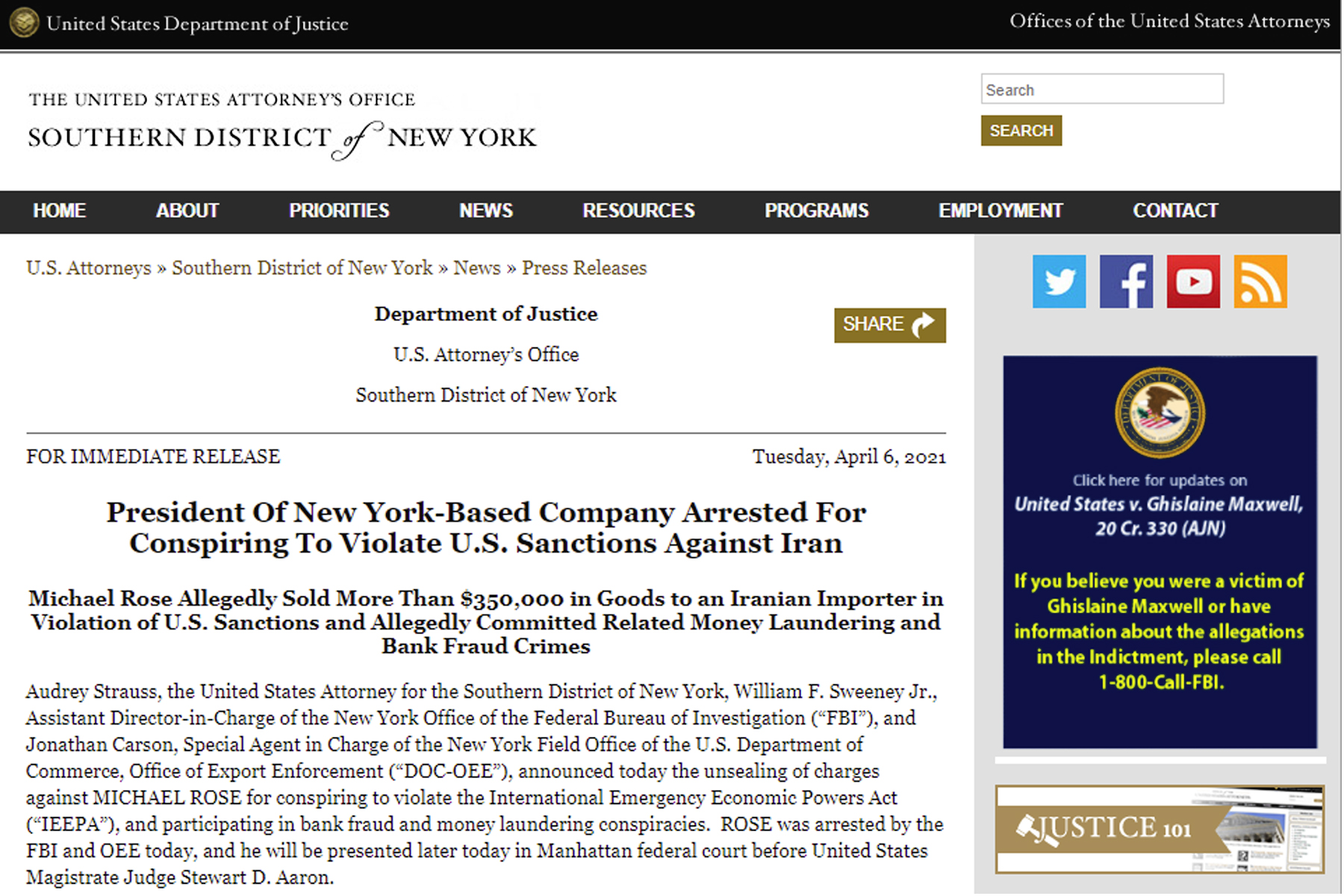 مدیر شرکت تولید لوازم آرایش در نیویورک بدلیل دور زدن تحریم های آمریکا علیه ایران دستگیر شد