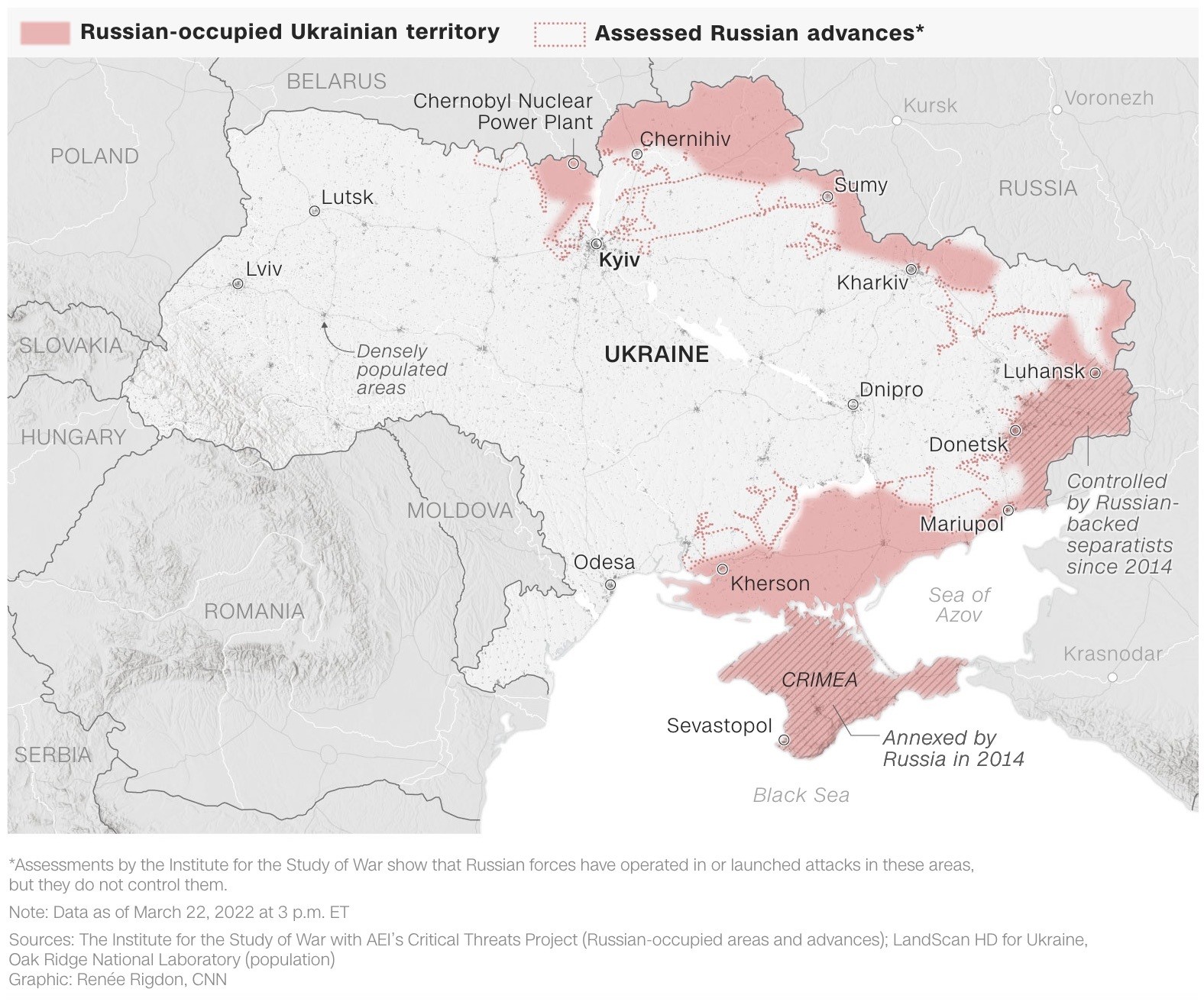 در اینجا مناطقی که نیروهای روسی سرزمین اوکراین را اشغال کرده اند می‌بینید