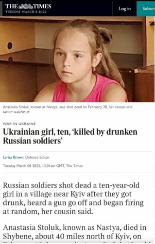 دختر بچه 10 ساله اوکراینی هدف شلیک مرگبار نظامیان مست و بی حوصله روسی قرار گرفت