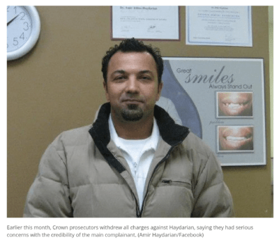 دکتر امیر حیدریان، دندانپزشکی ایرانی در پرونده شکایت تجاوز جنسی در دادگاه تورنتو رفع اتهام شد