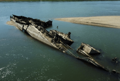 کشتی‌های جنگی غرق‌شده آلمان در جنگ جهانی دوم براثرپایین‌آمدن سطح آب رودخانه دانوب نمایان شد